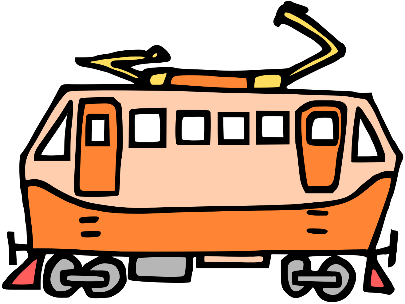 Autorská ilustrace pro děti lokomotiva elektrická mašinka Peršing oranžová Hravé stroje